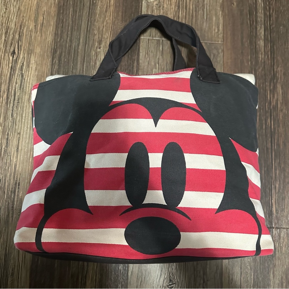 Disney Store Mickey & Minnie Mouse striped canvas tote bag red black polka-dot